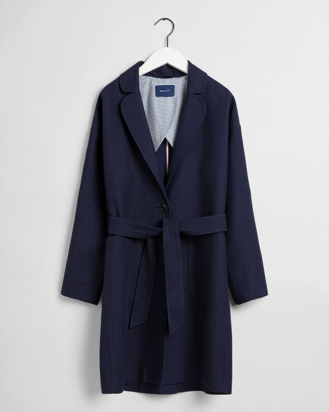 Fluid frakke af h&oslash;rblanding med b&aelig;lte