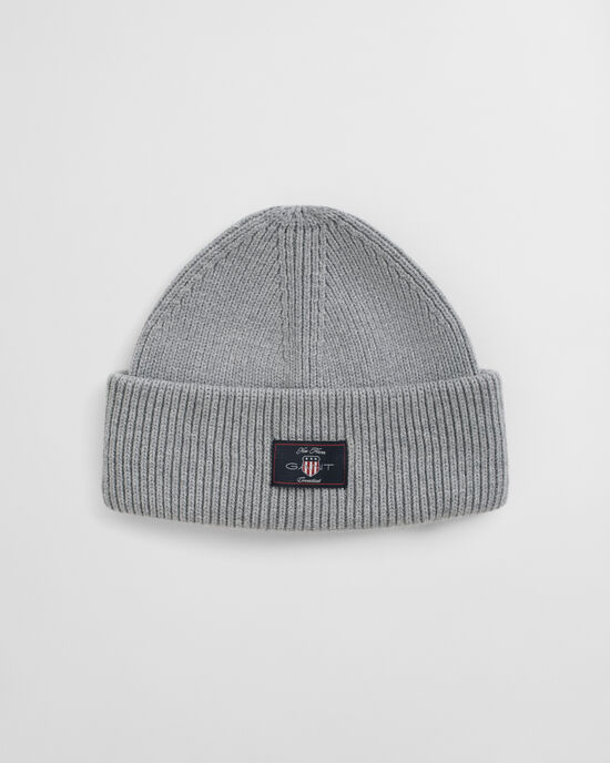 Ribstrikket beanie af bomuldsblanding