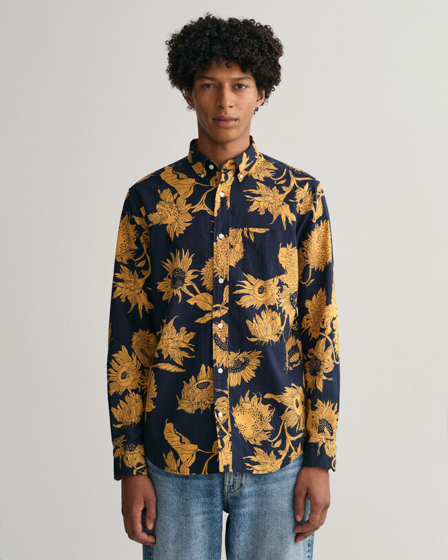 Regular fit skjorte af h&oslash;r og bomuld med solsikketryk