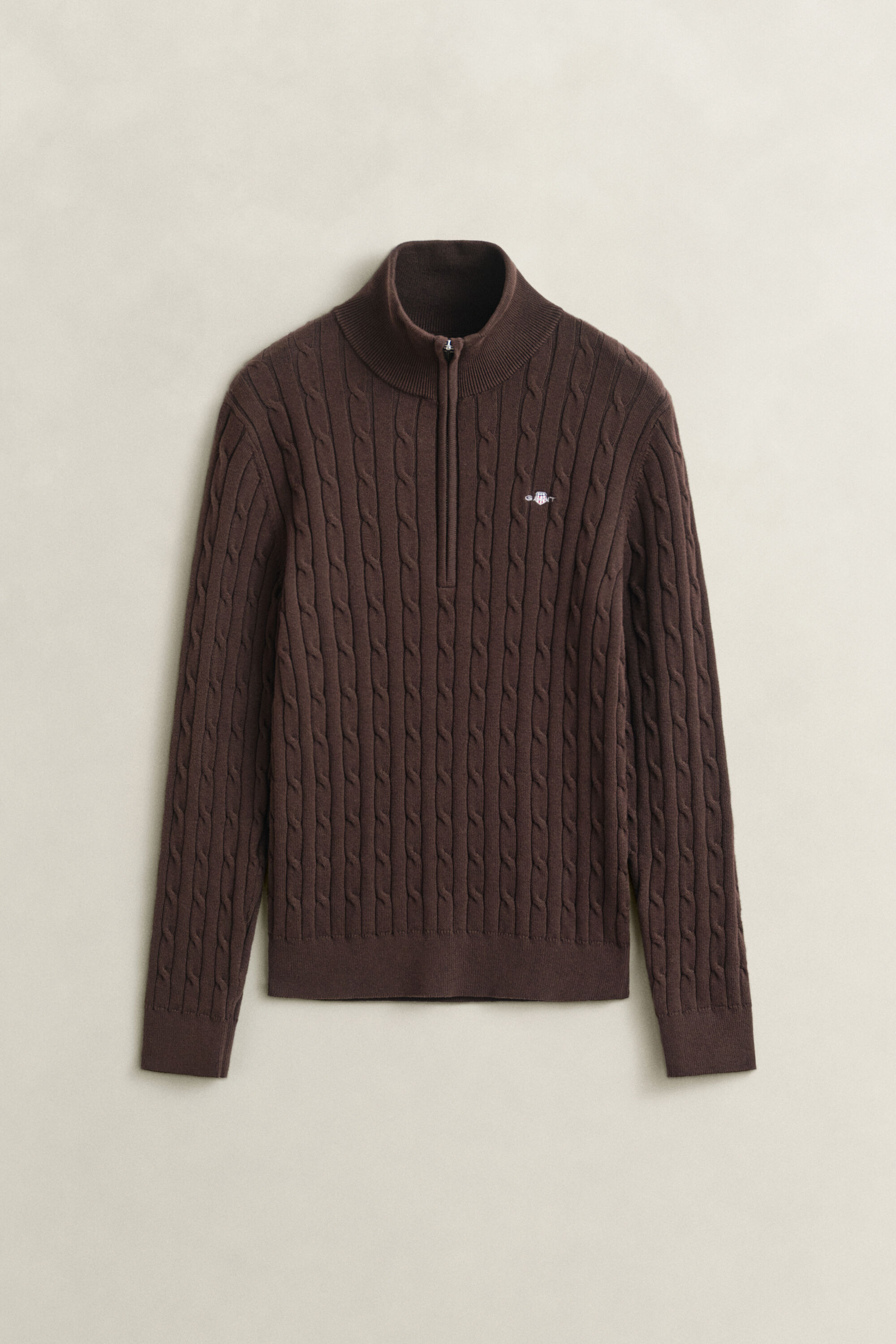 Kabelstrikket sweater af bomuld med stræk og halv lynlås