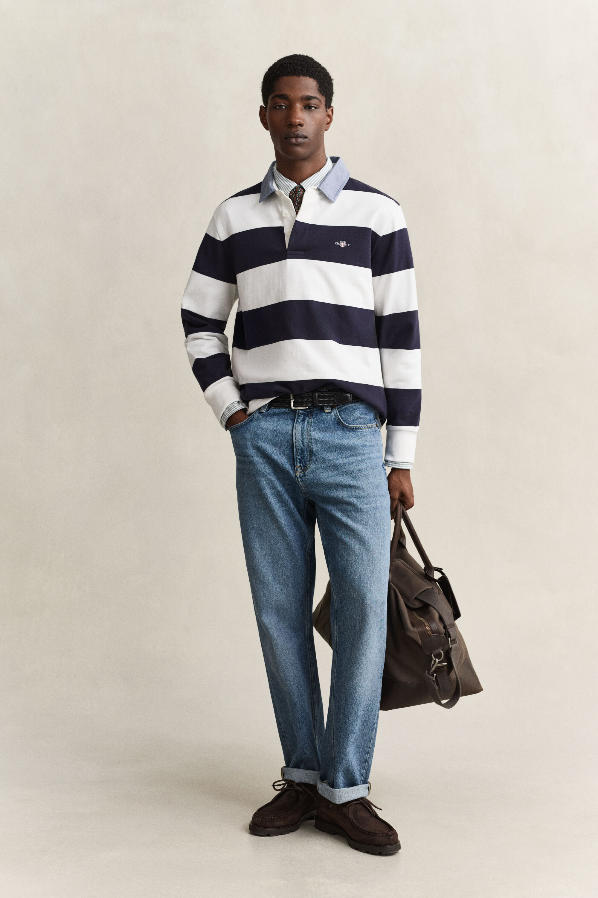 Stribet Heavy Rugger med krave i chambray