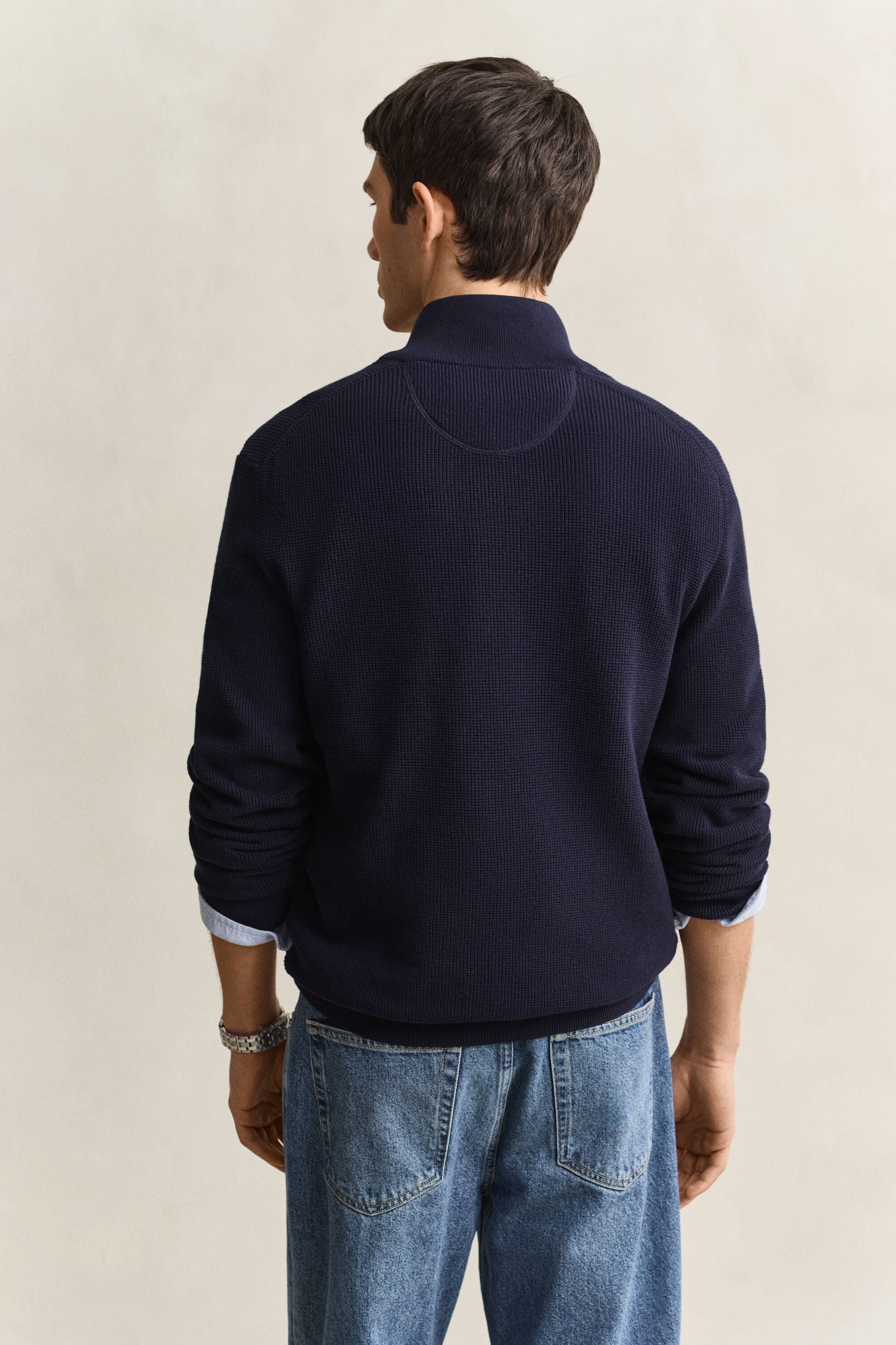 Tekstureret sweater af bomuld med halv lynlås