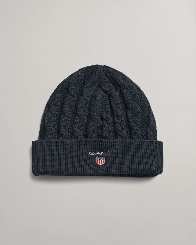 Baby beanie af bomuld med kabelstrik