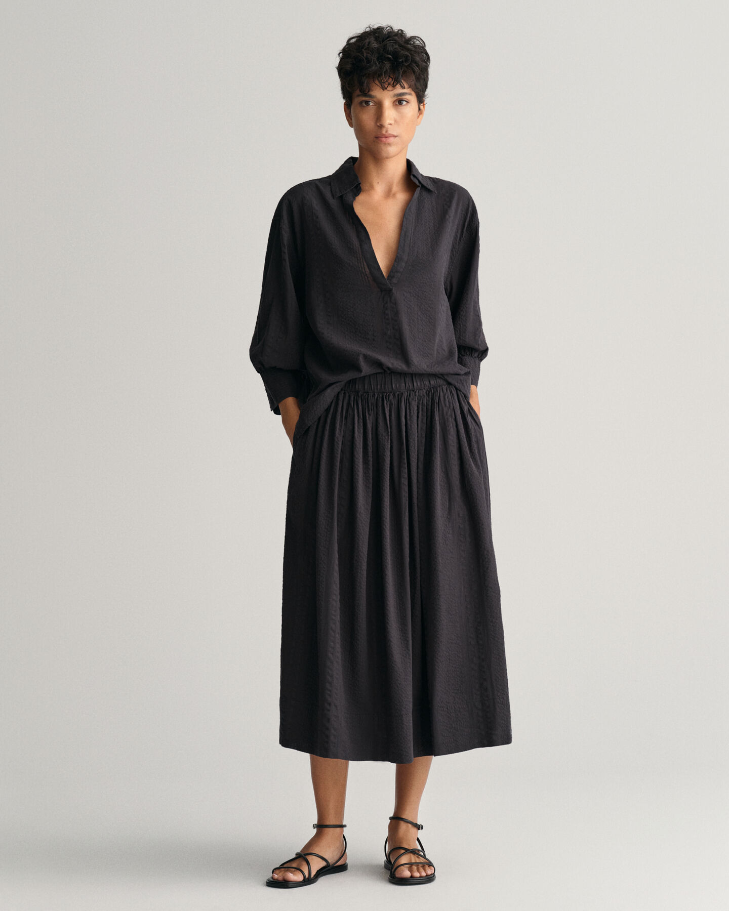 Seersucker-stribet pull-on nederdel