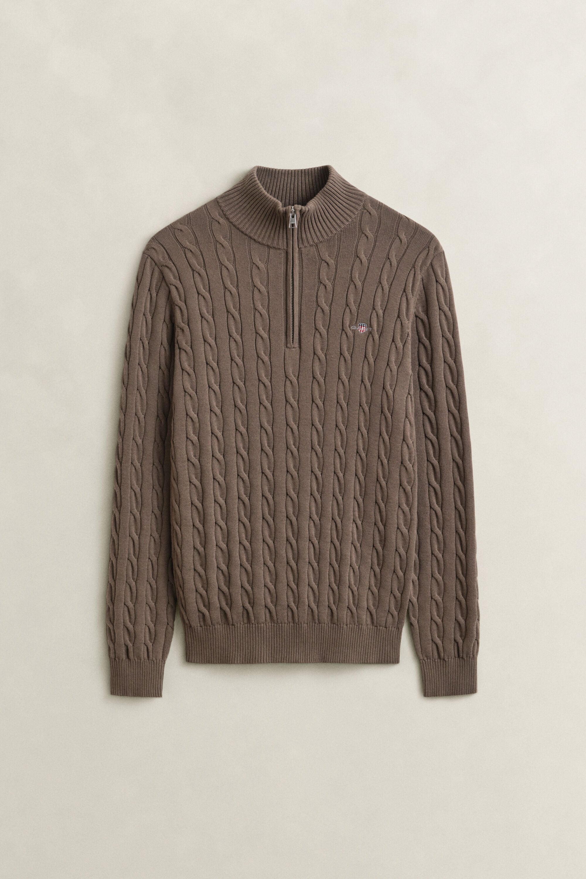 Kabelstrikket sweater af bomuld med halv lynlås