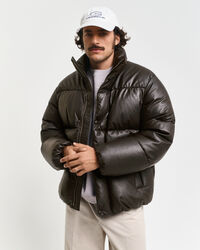 Pufferjakke i læder med gåsedun