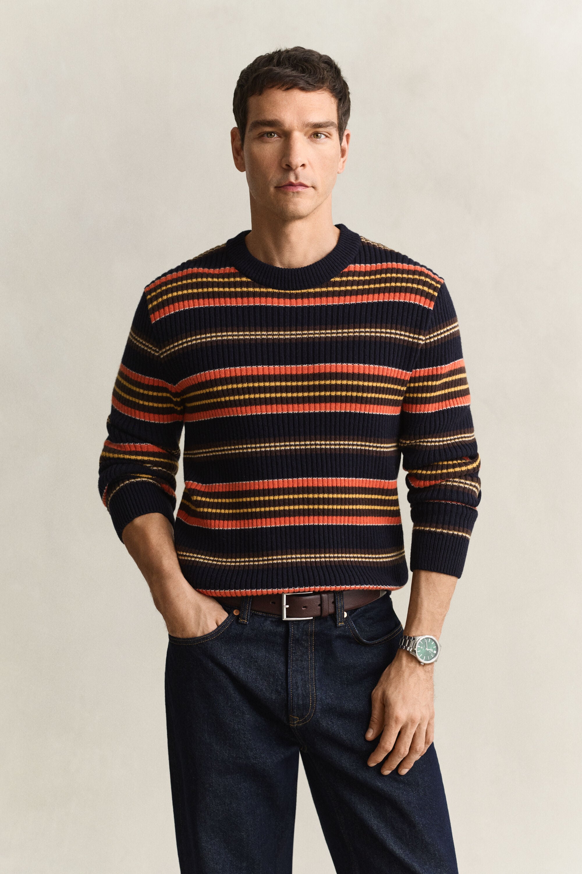 Stribet ribstrikket sweater