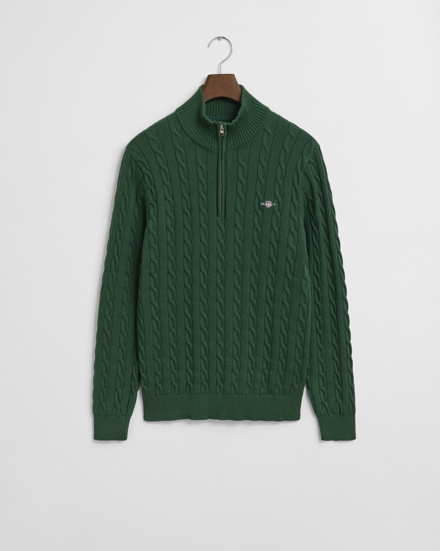 Kabelstrikket sweater af bomuld med halv lynlås