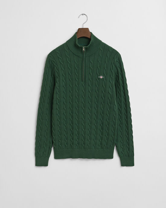 Kabelstrikket sweater af bomuld med halv lynlås