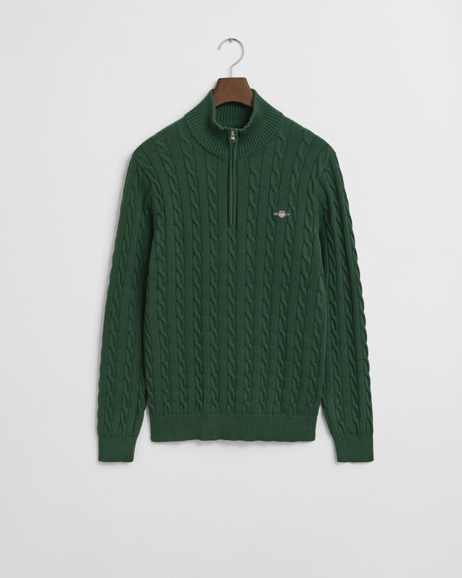 Kabelstrikket sweater af bomuld med halv lynlås