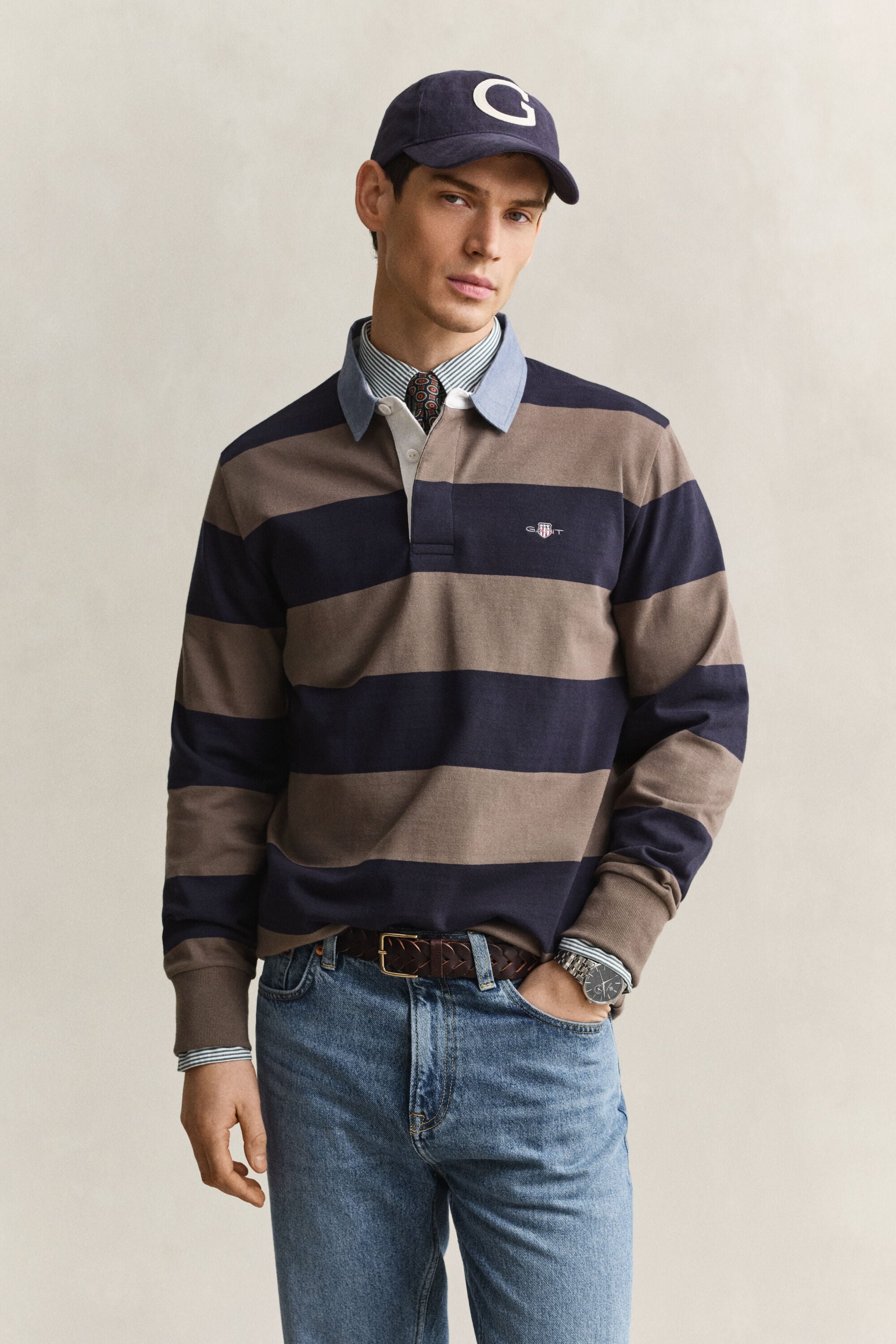 Stribet Heavy Rugger med krave i chambray