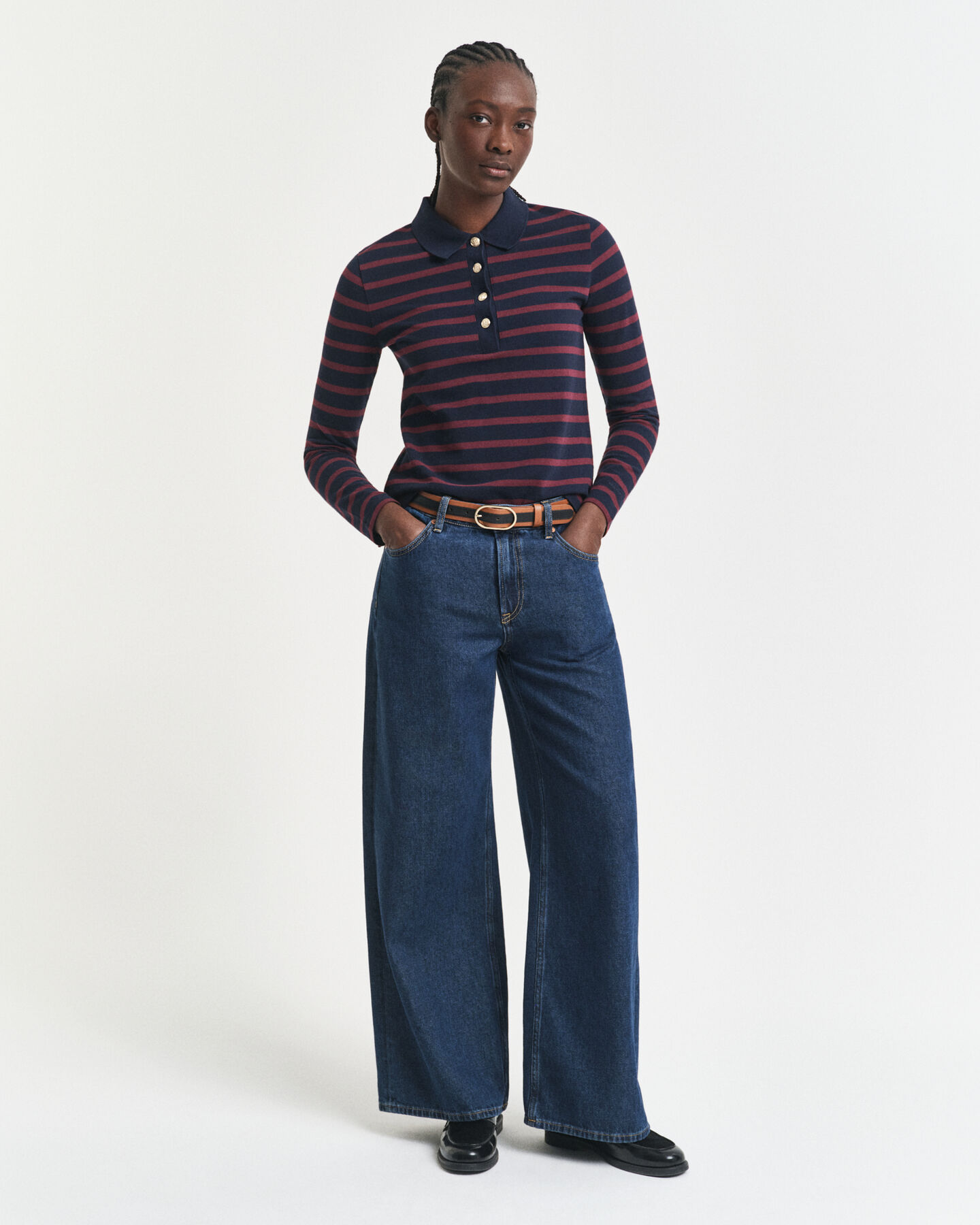 Bretonstribet langærmet piqué poloskjorte