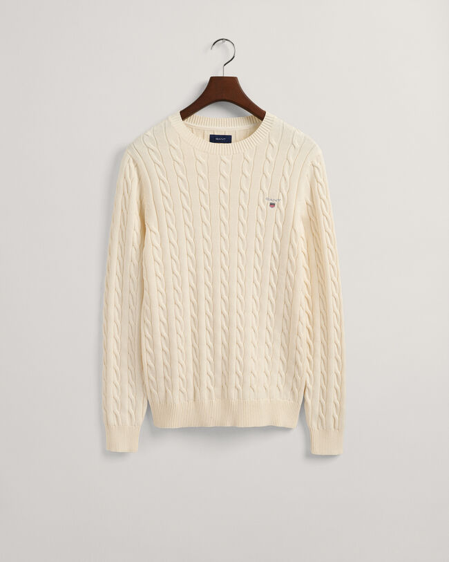 Crewneck sweater af bomuld med kabelstrik