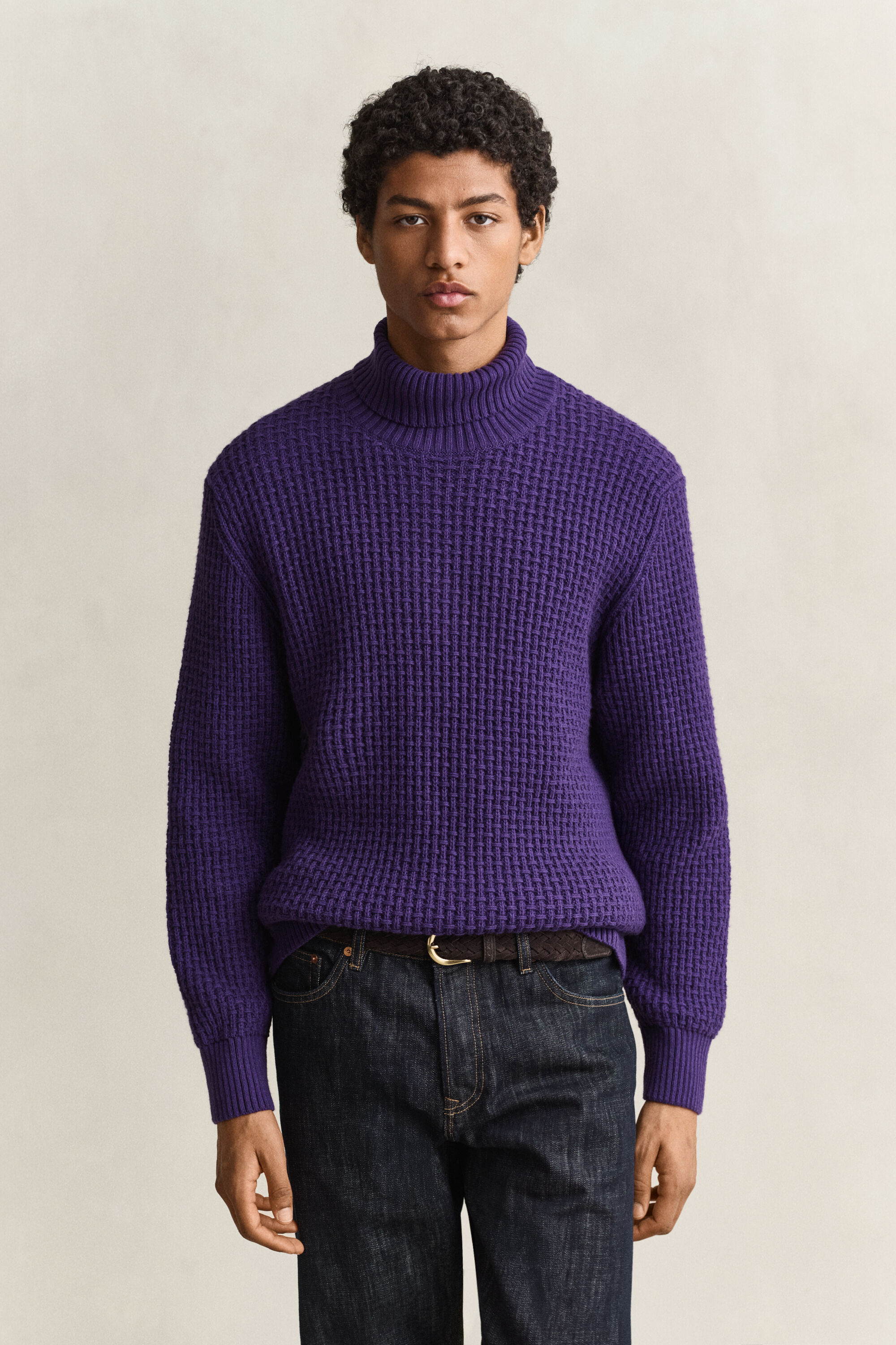 Tekstureret sweater i bomuld og uld med rullekrave