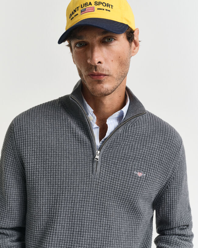 Tekstureret sweater af bomuld med halv lynlås