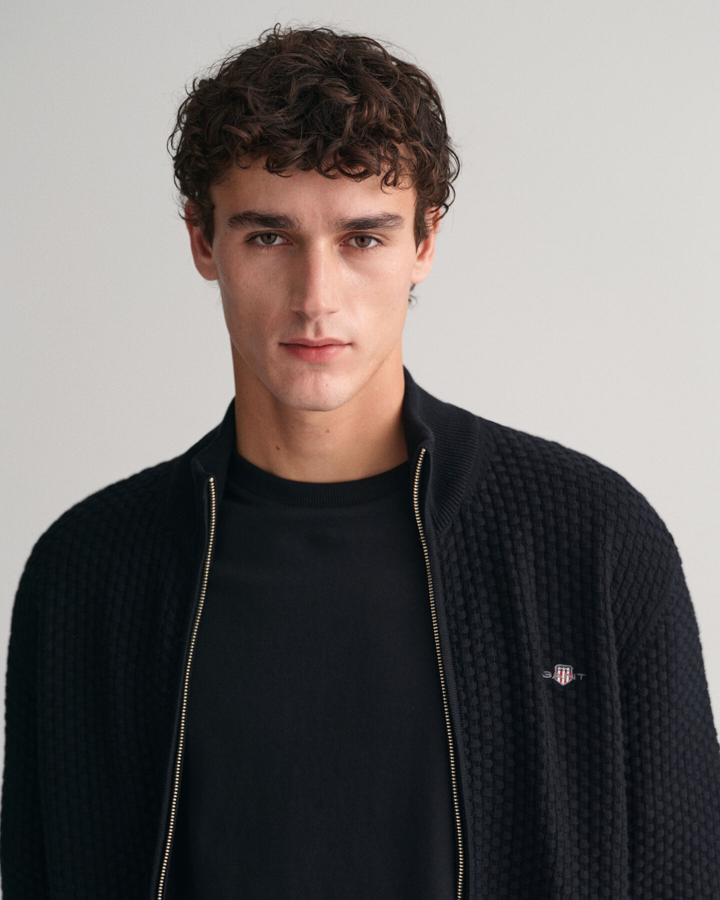 Tekstureret cardigan af bomuld med lynl&aring;s