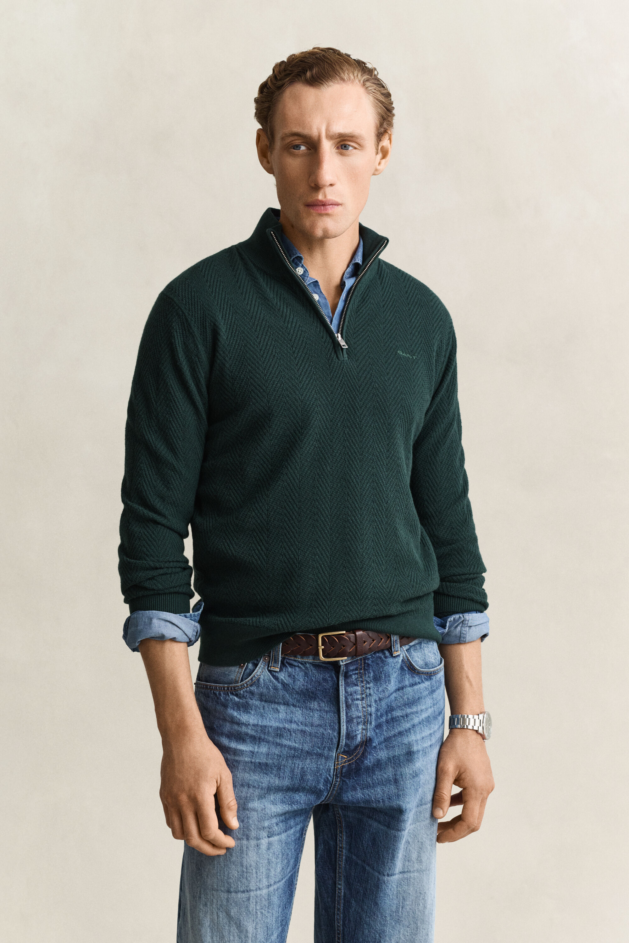 Sildebensmønstret sweater med halv lynlås