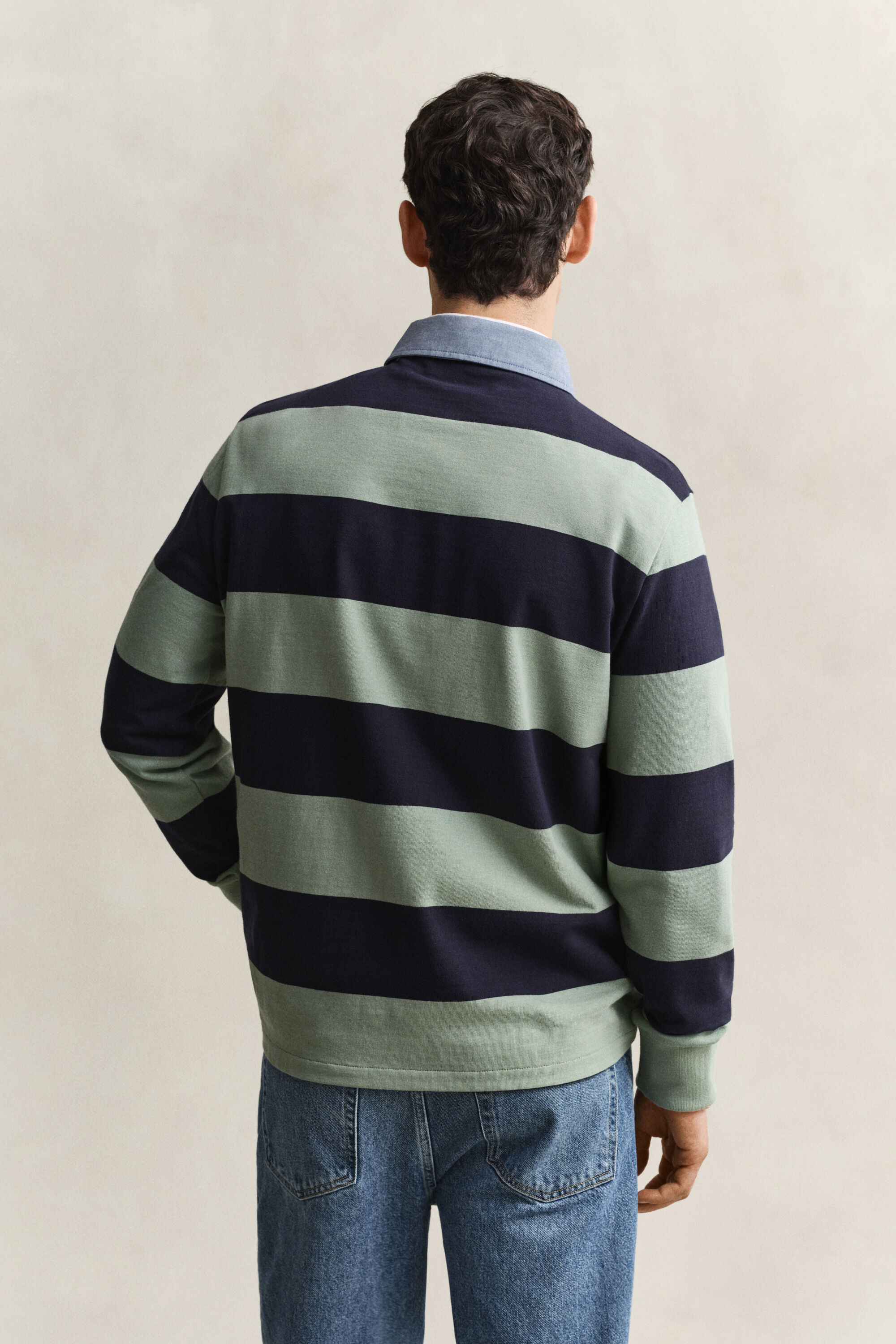 Stribet Heavy Rugger med krave i chambray