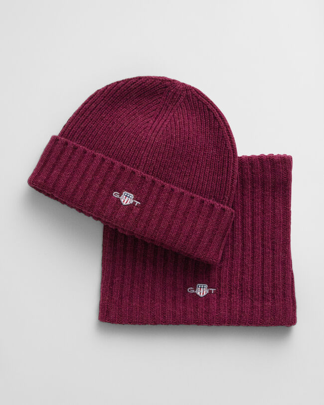 Kids gaves&aelig;t med beanie og h&aring;rb&aring;nd i uld