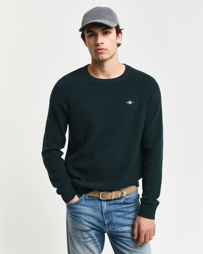 Ribstrikket crewneck sweater af bomuld og uld