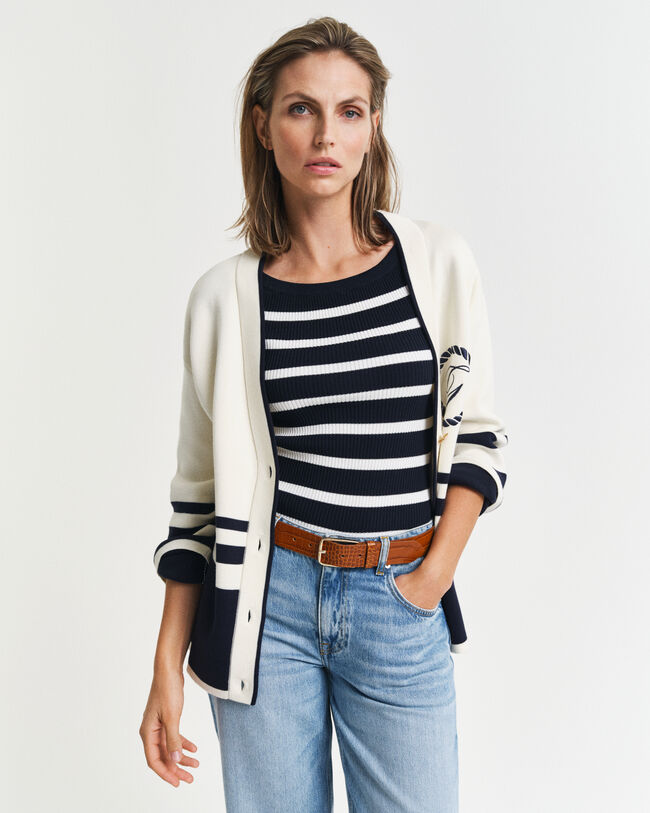 Stribet off-shoulder top i ribstrik