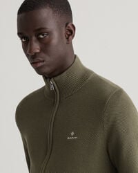 Bomuldspiqu&eacute; cardigan med halv lynl&aring;s