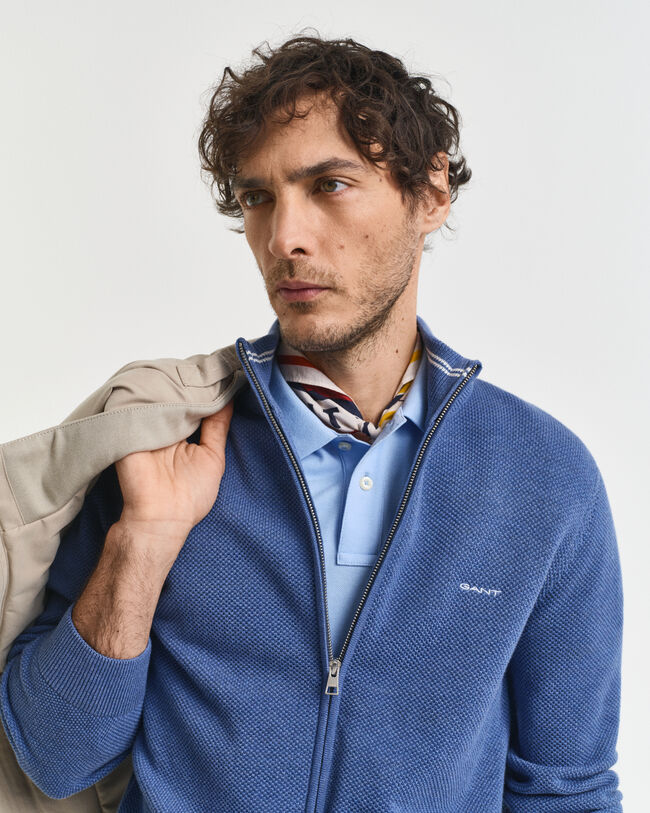 Cardigan af bomuldspiqué med lynlås