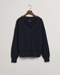 Ribstrikket sweater med V-hals i bomuld