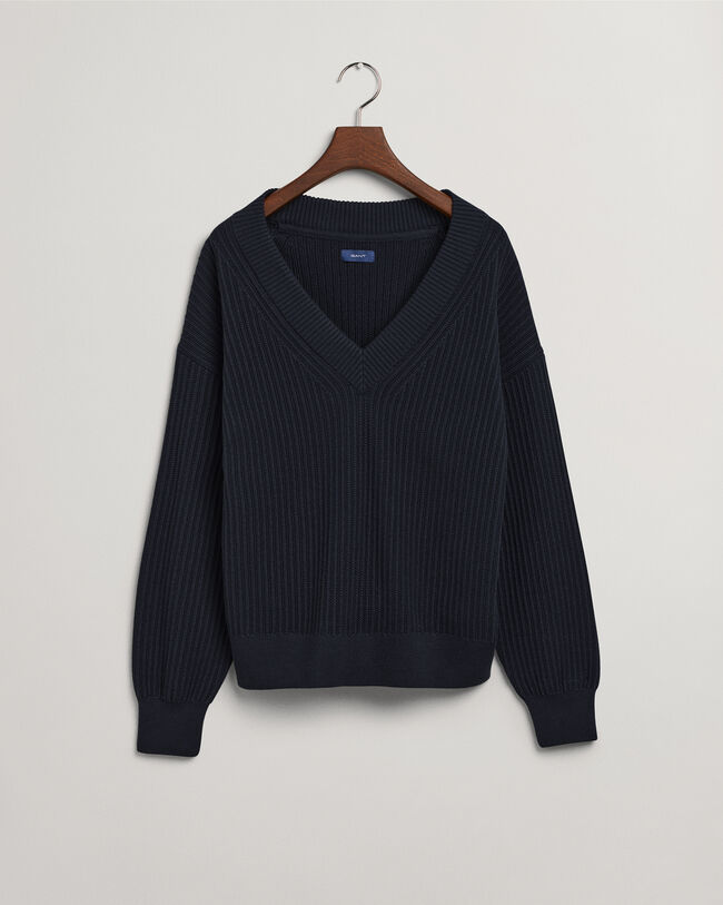Ribstrikket sweater med V-hals i bomuld