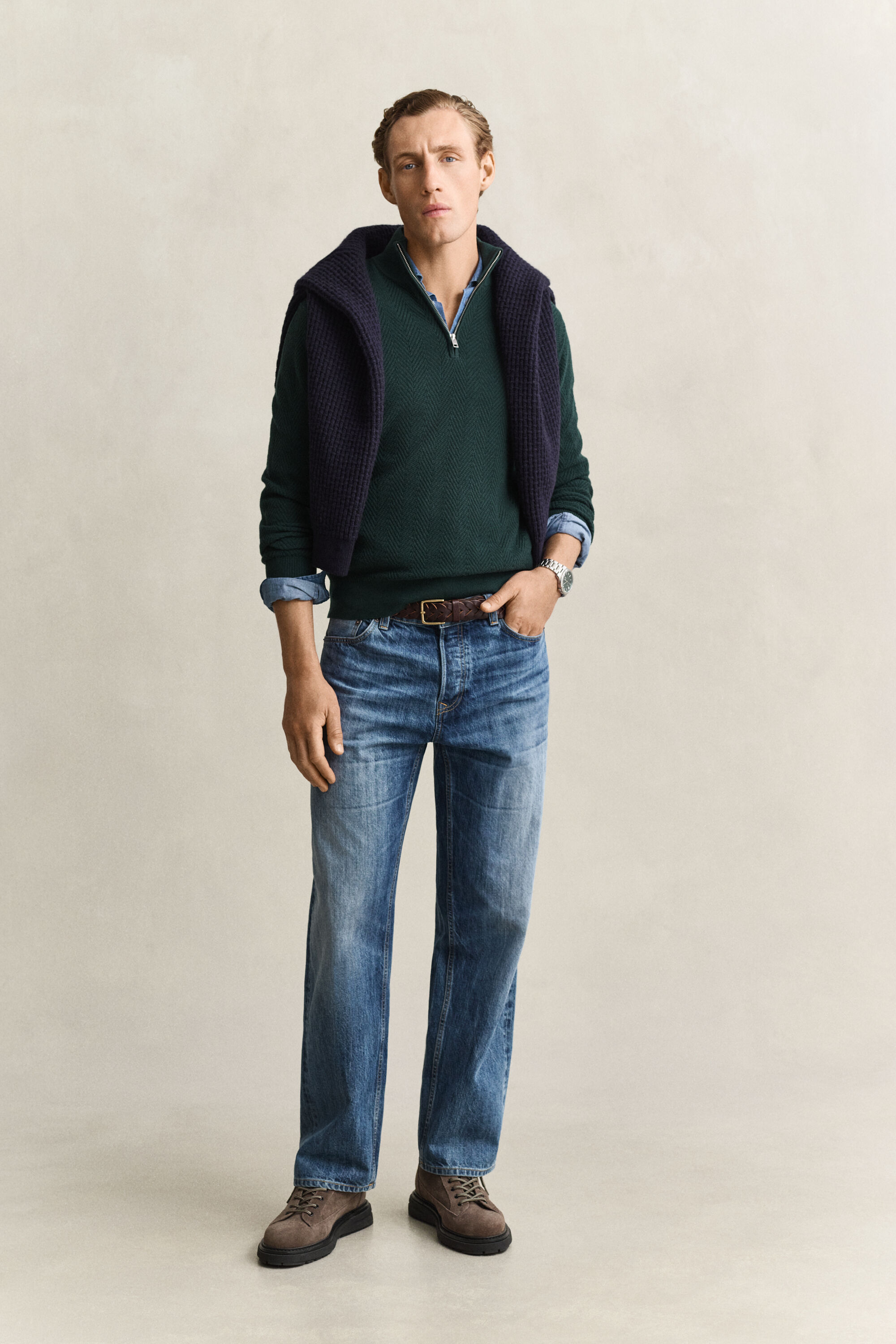 Sildebensmønstret sweater med halv lynlås