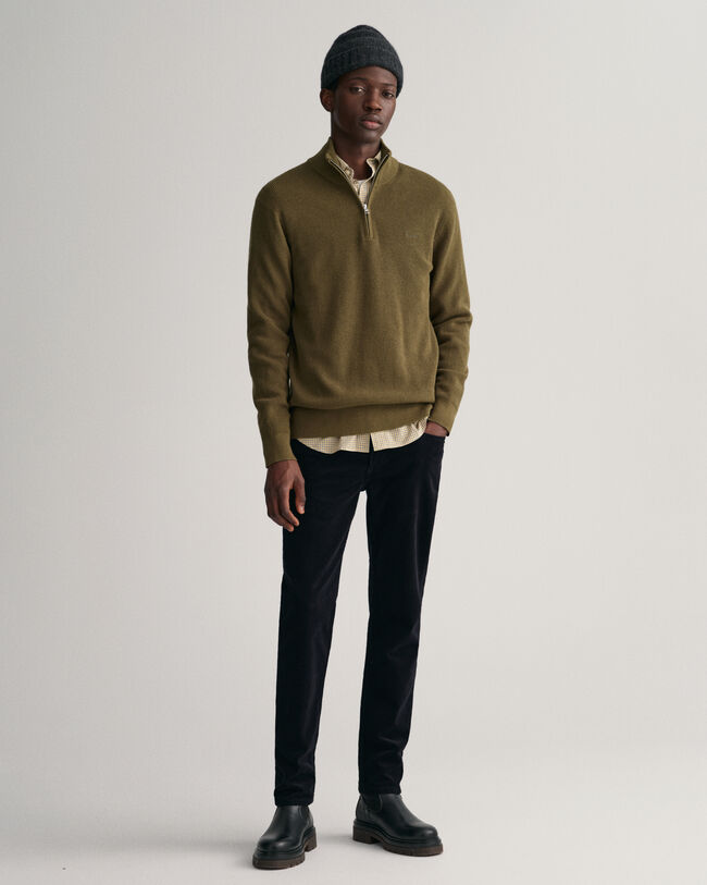 Ribstrikket sweater af bomuld og uld med halv lynlås