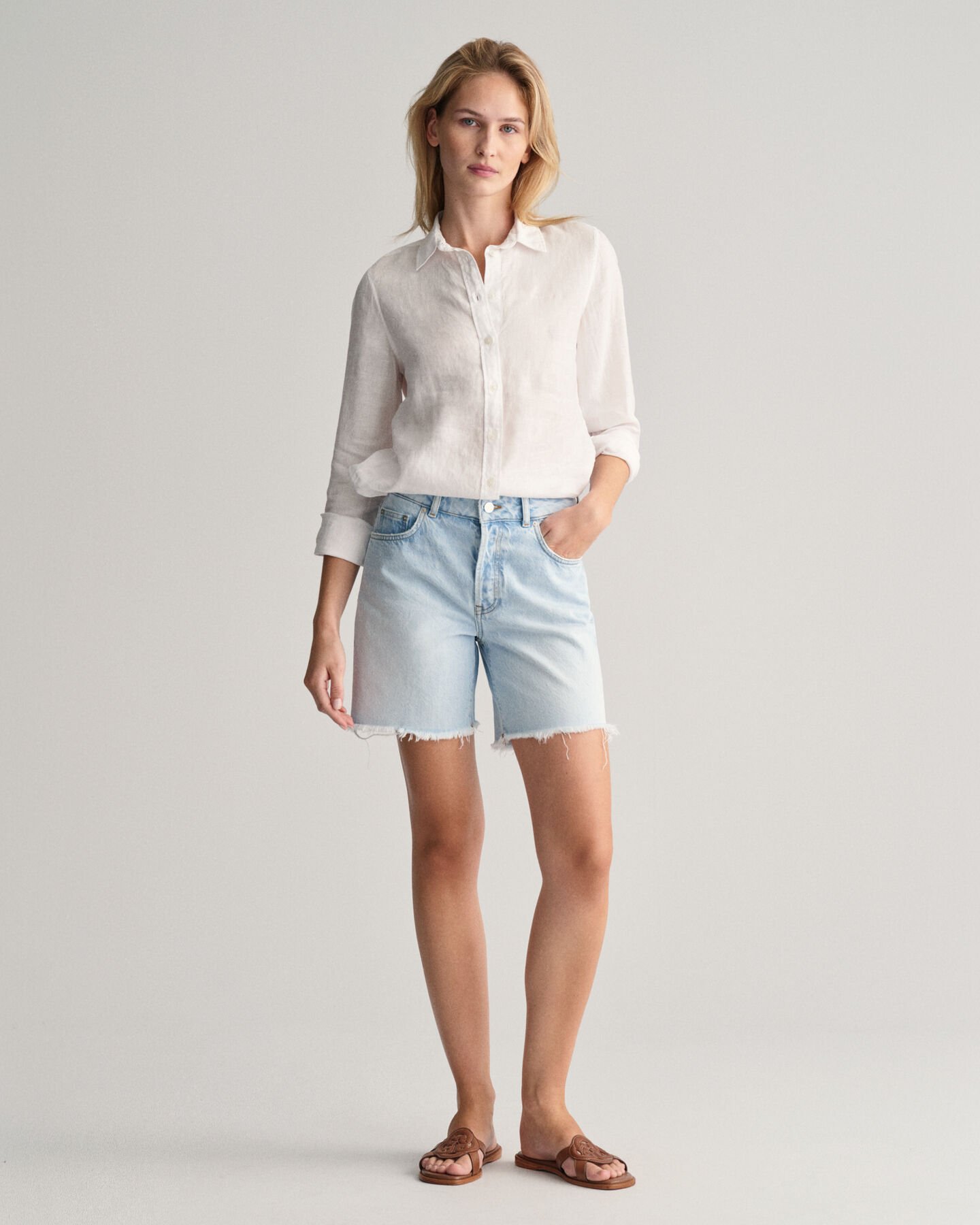 Regular fit skjorte af hør-chambray