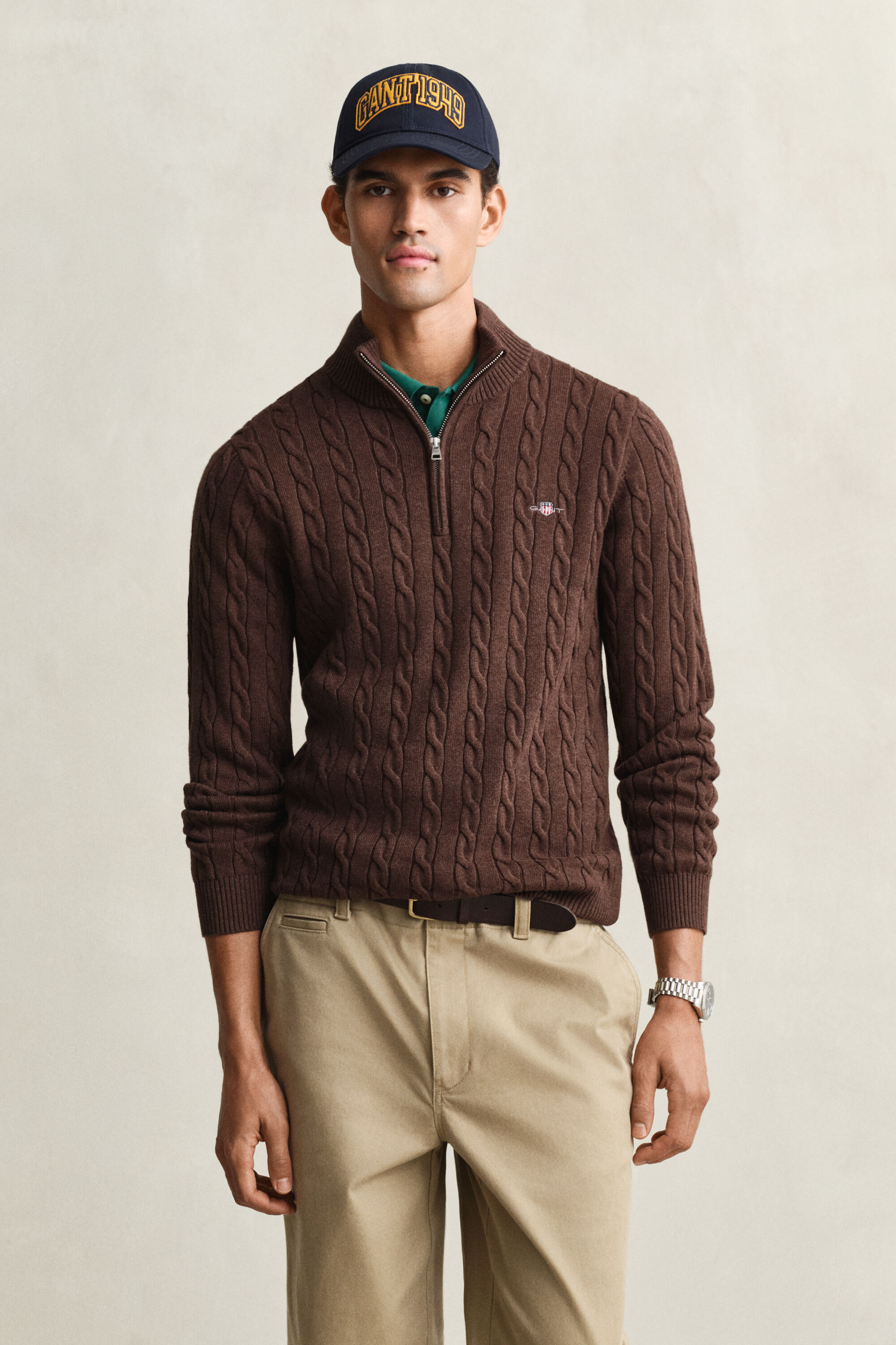 Kabelstrikket sweater af bomuld med halv lynlås