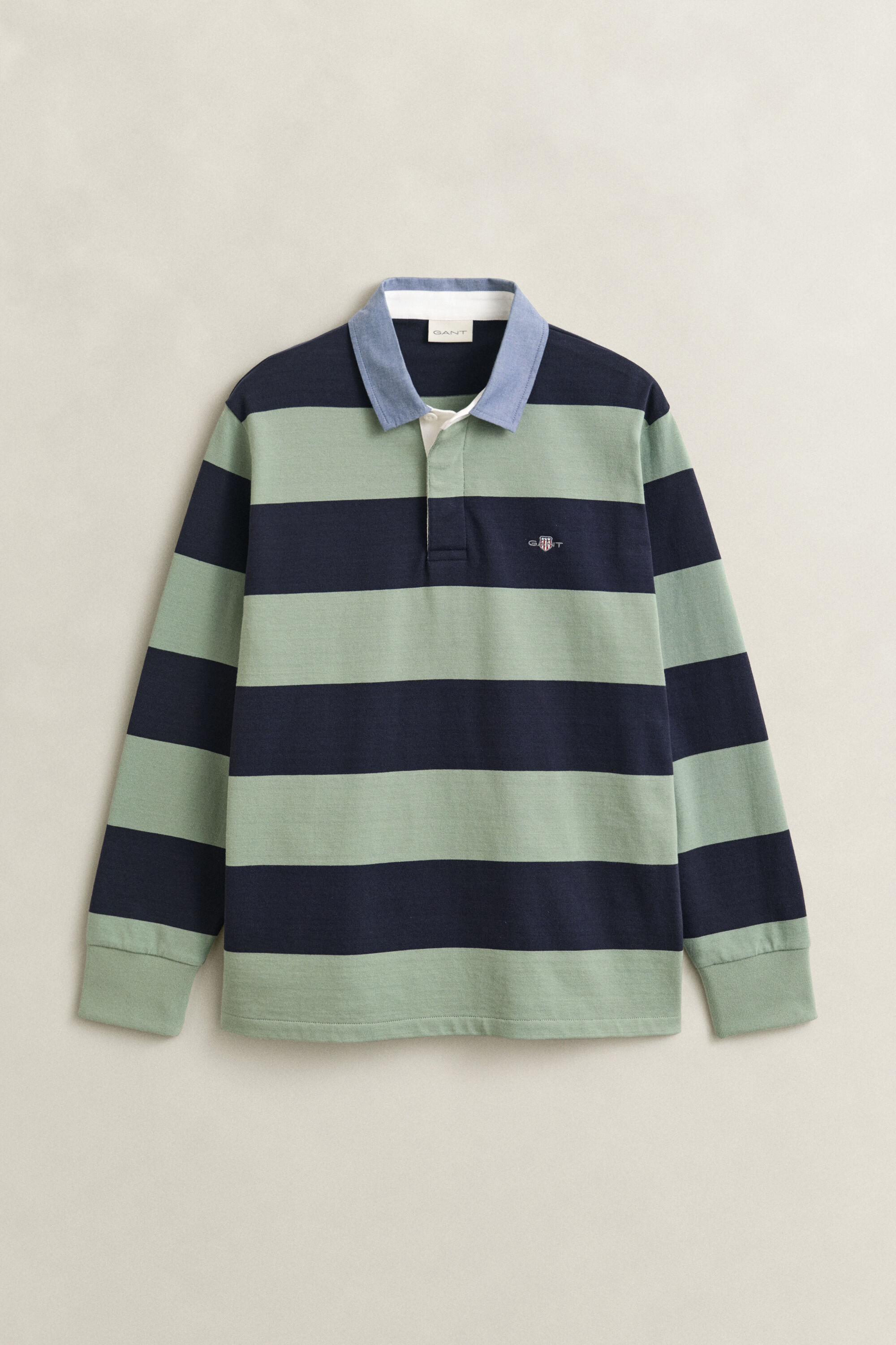Stribet Heavy Rugger med krave i chambray