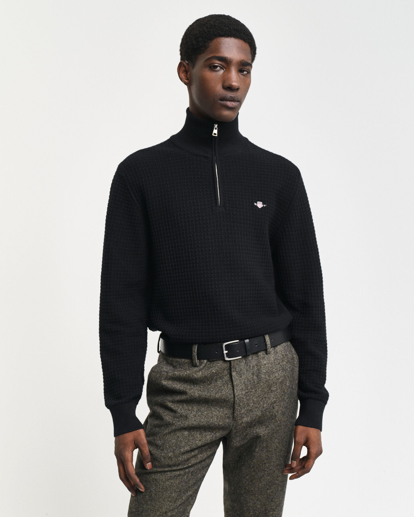 Tekstureret sweater af bomuld med halv lynl&aring;s