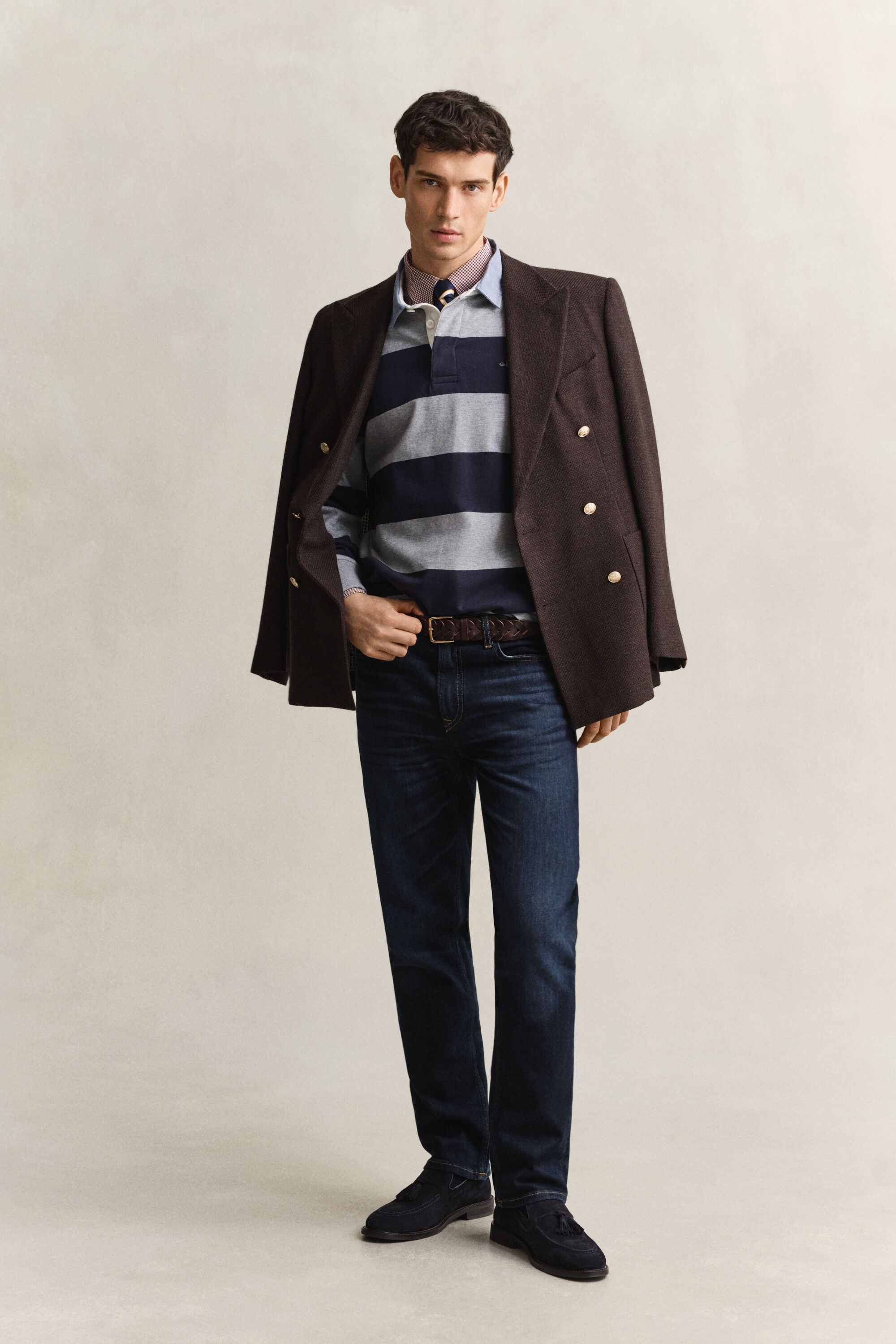 Stribet Heavy Rugger med krave i chambray