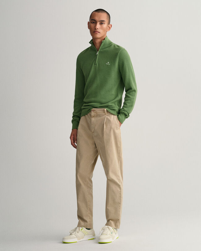 Bomuldspiqu&eacute; sweater med halv lynl&aring;s