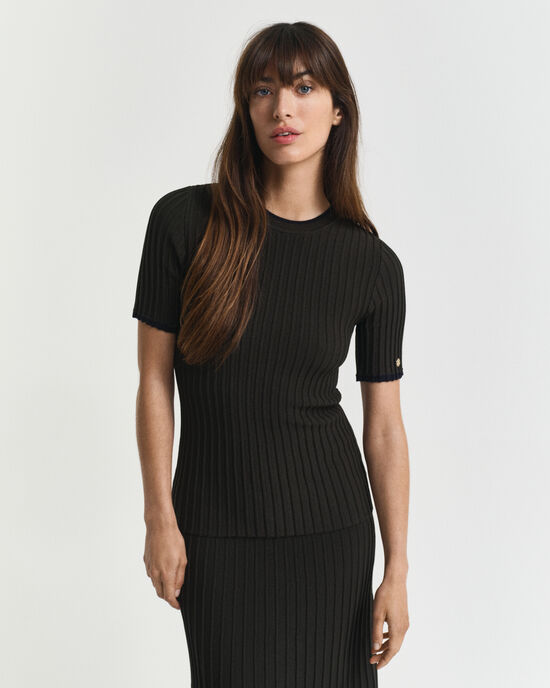 Kortærmet sweater med kontrastfarvet ribstrik