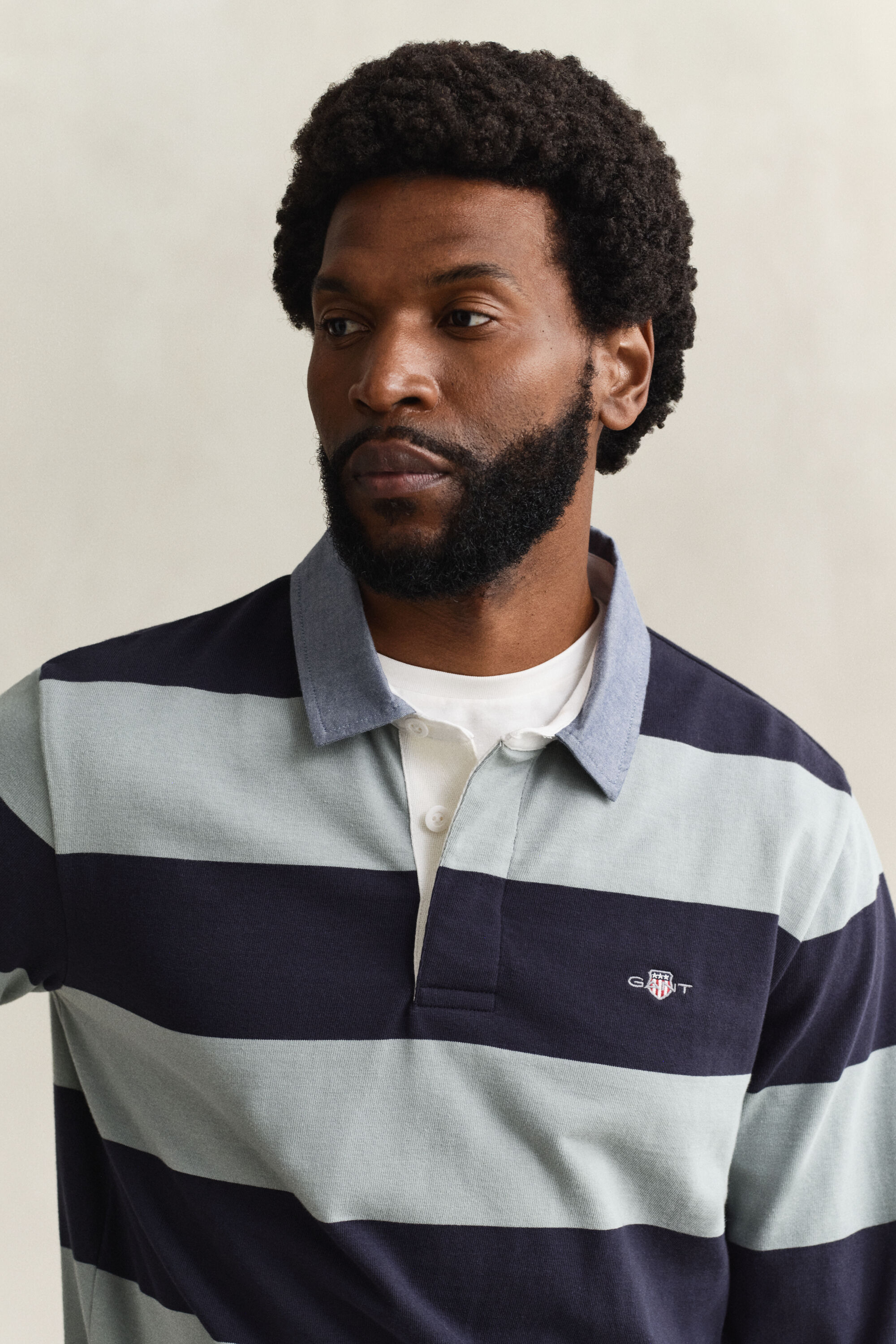 Stribet Heavy Rugger med krave i chambray