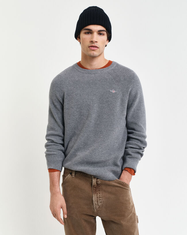Ribstrikket crewneck sweater af bomuld og uld
