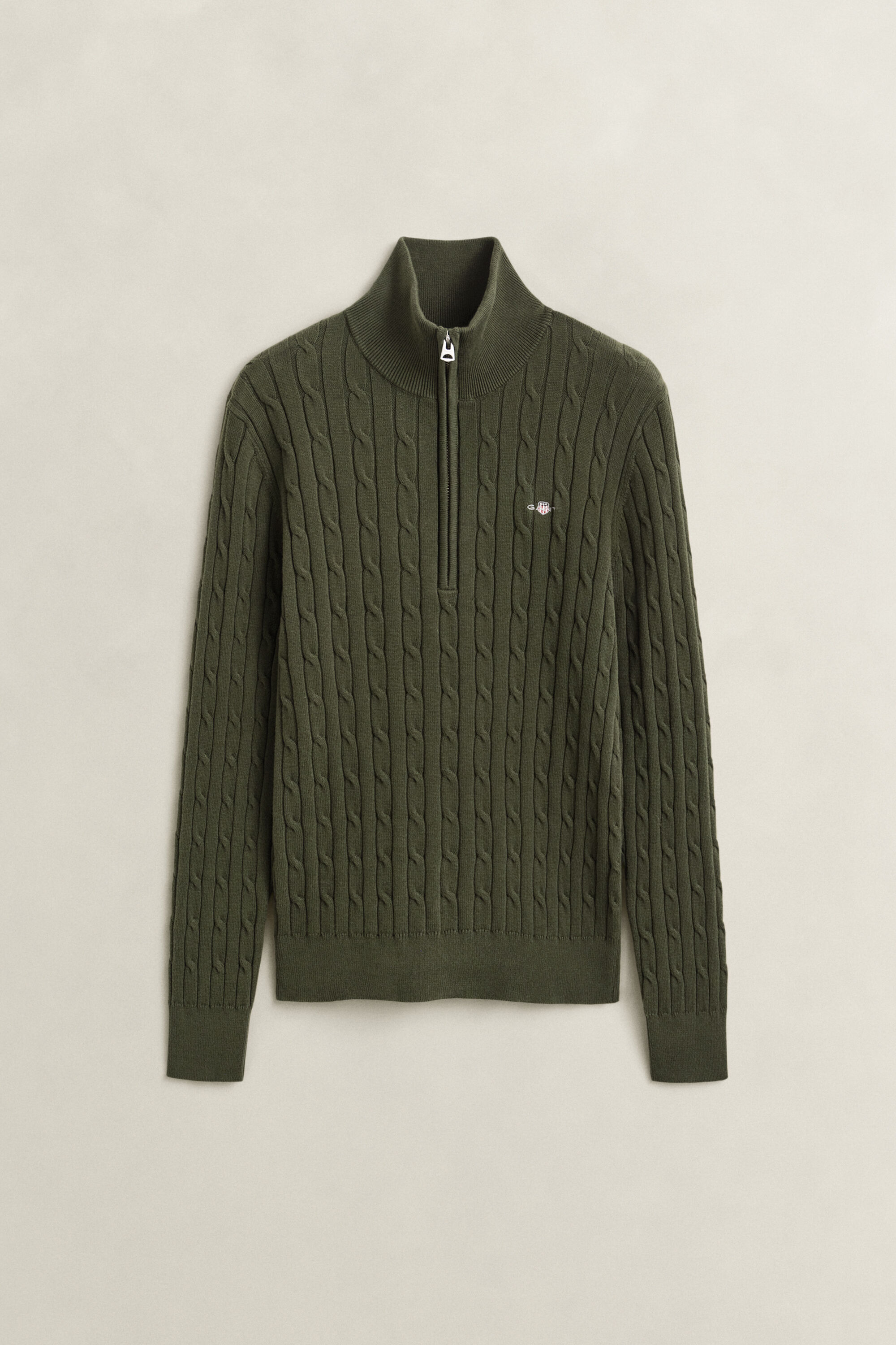 Kabelstrikket sweater med stræk og halv lynlås
