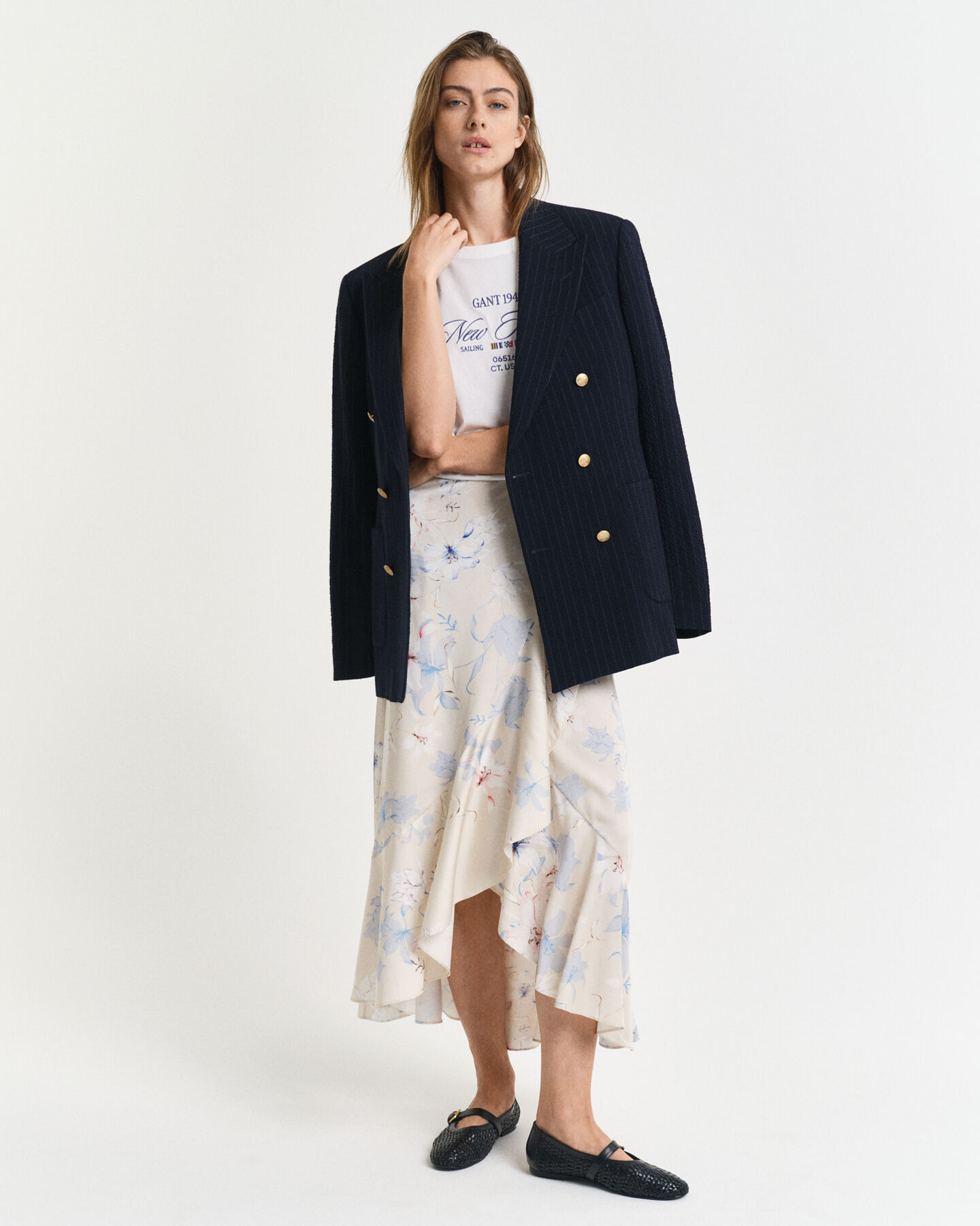 Fl&aelig;set sl&aring;-om nederdel med blomstertryk