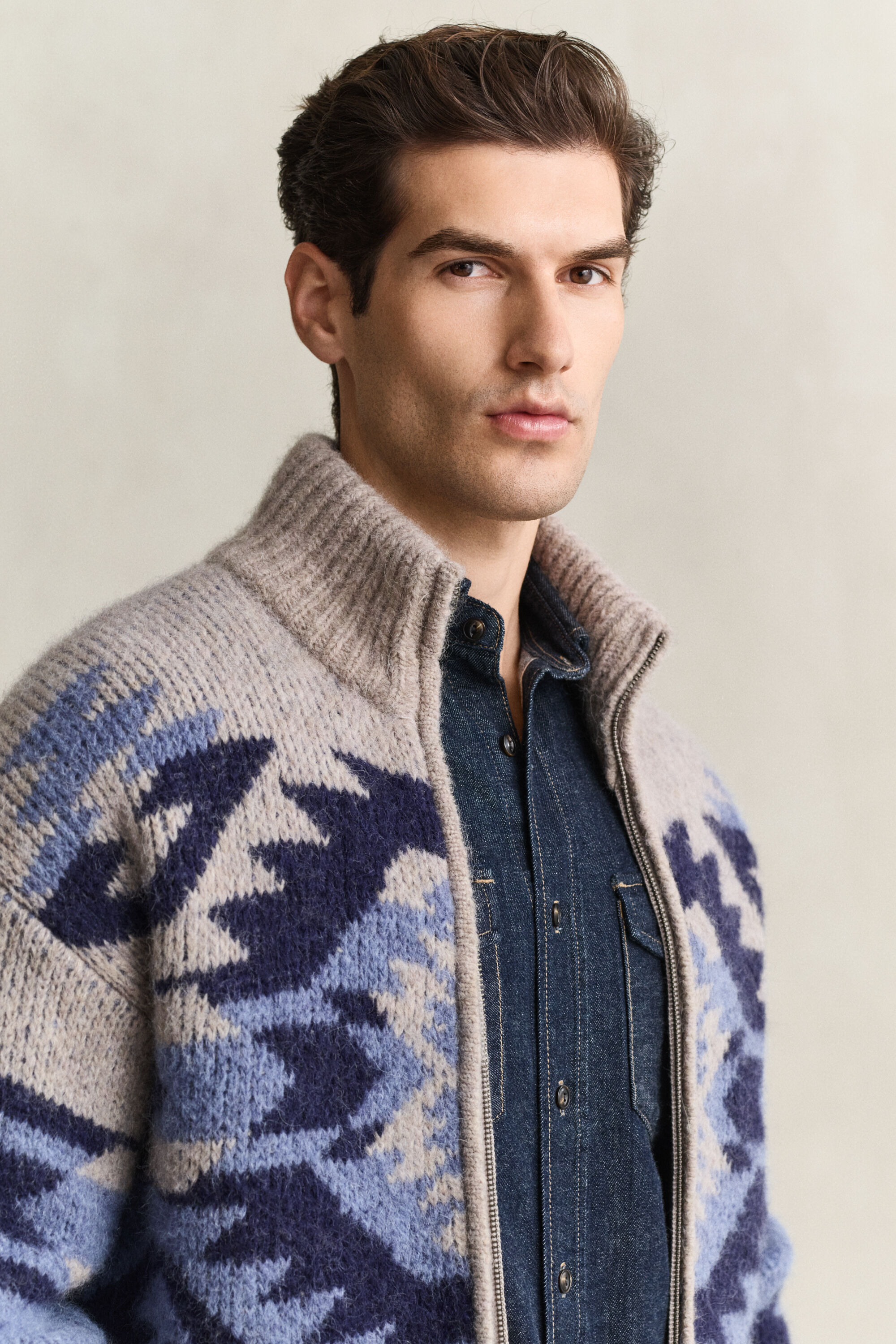 Jacquard cardigan i alpakauldblanding med lynlås