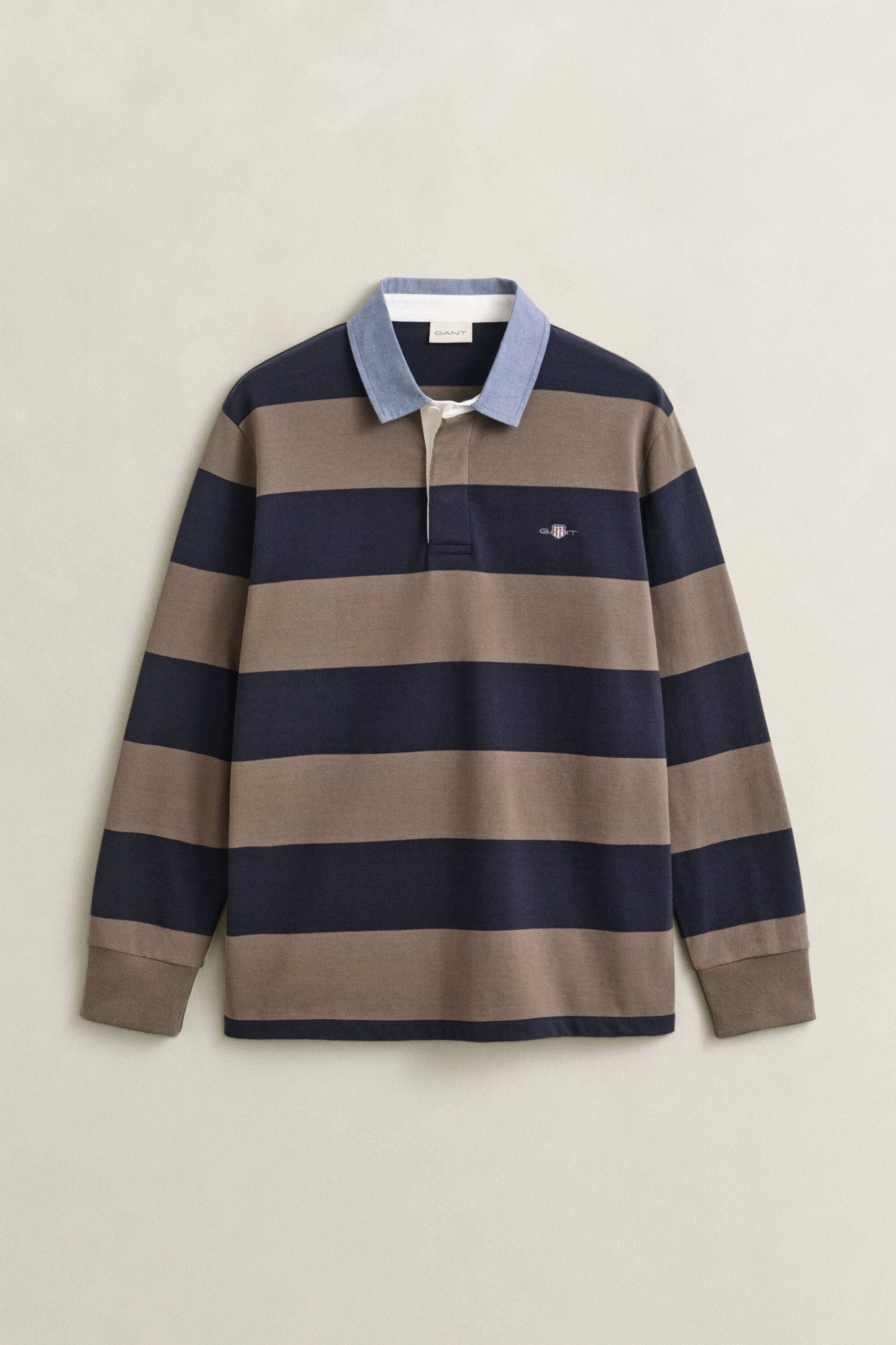 Stribet Heavy Rugger med krave i chambray