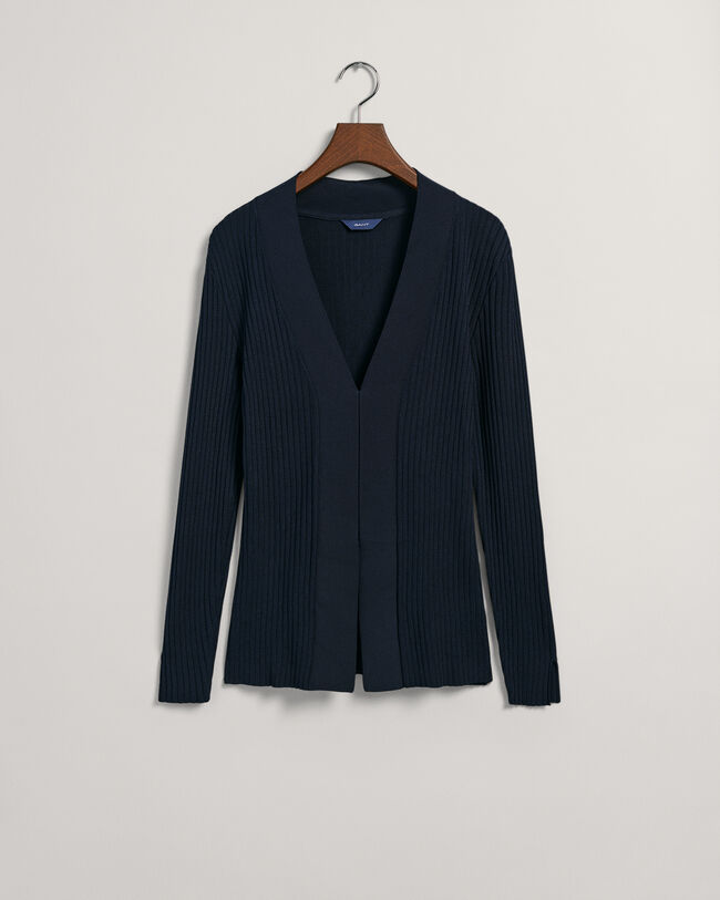 Ribstrikket top med V-hals og lange &aelig;rmer