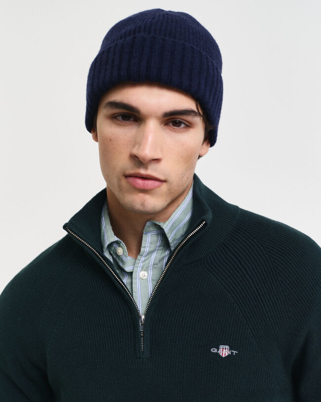 Ribstrikket sweater af bomuld og uld med halv lynlås