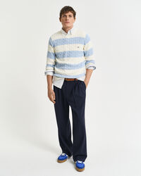 Stribet kabelstrikket crewneck sweater af bomuld