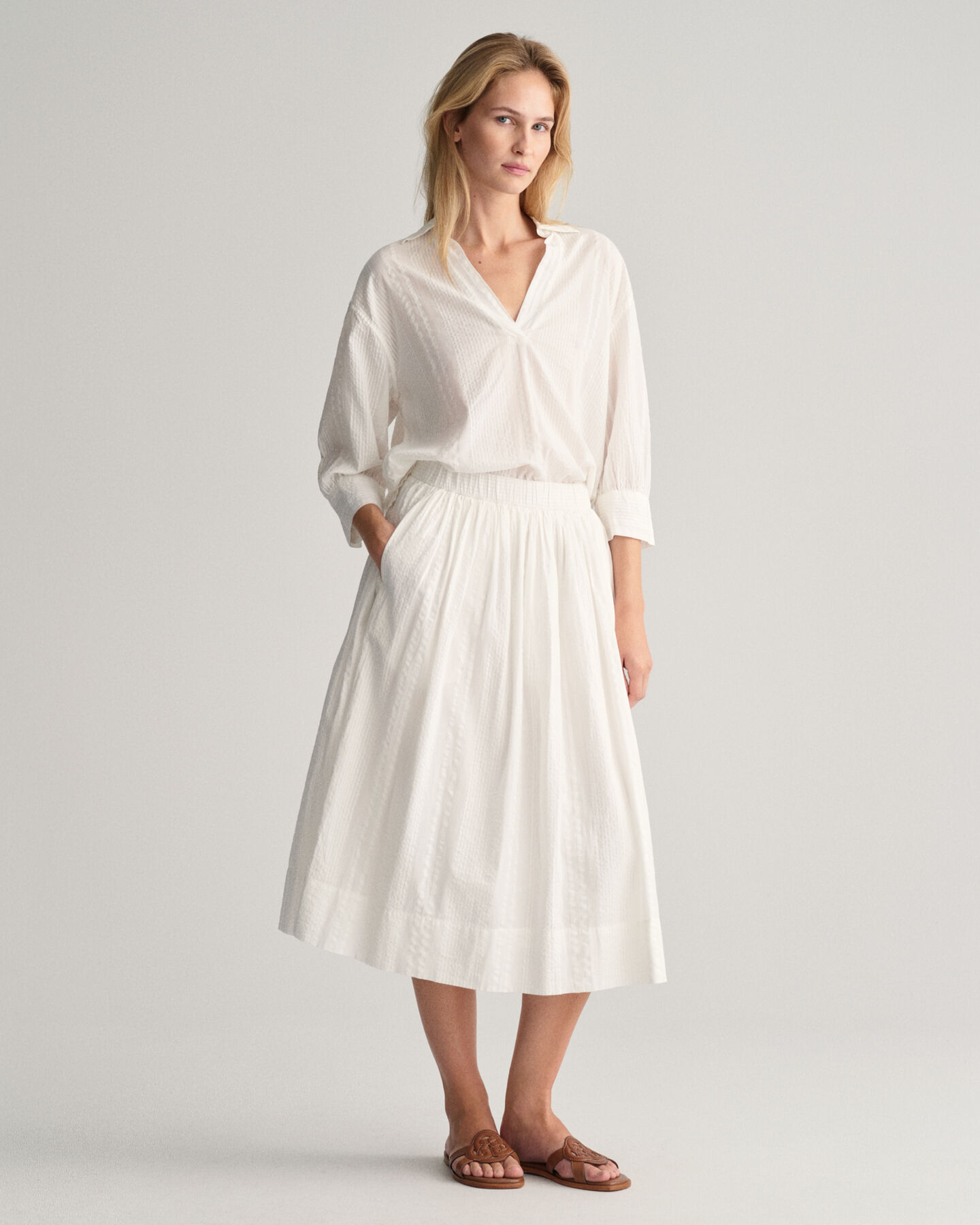 Seersucker-stribet pull-on nederdel