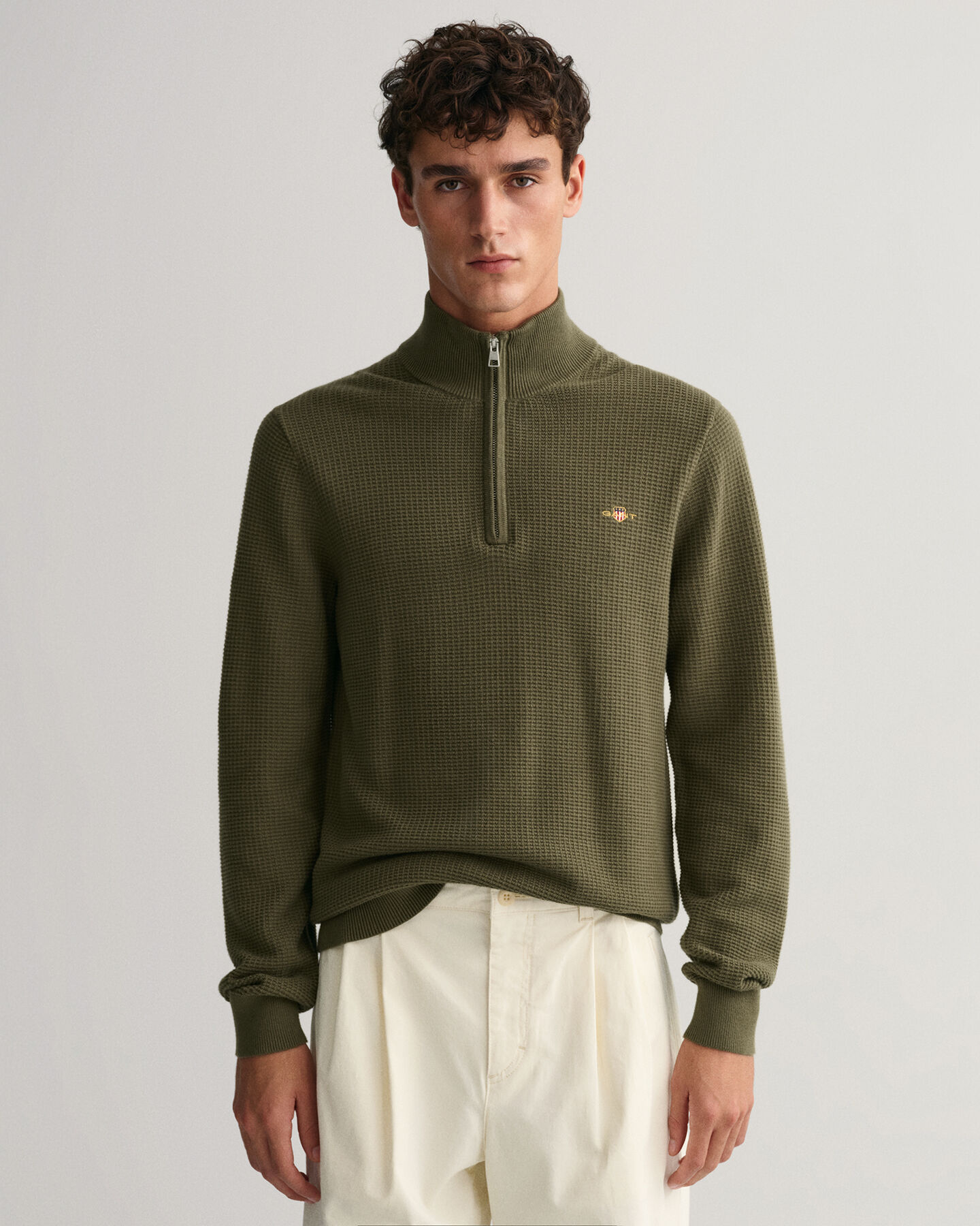 Tekstureret sweater af bomuld med halv lynl&aring;s