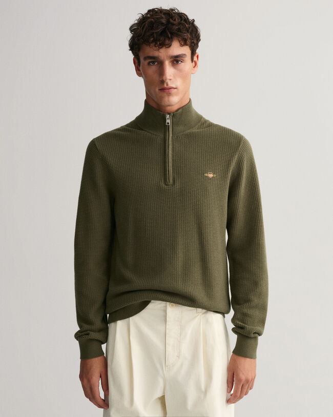 Tekstureret sweater af bomuld med halv lynl&aring;s